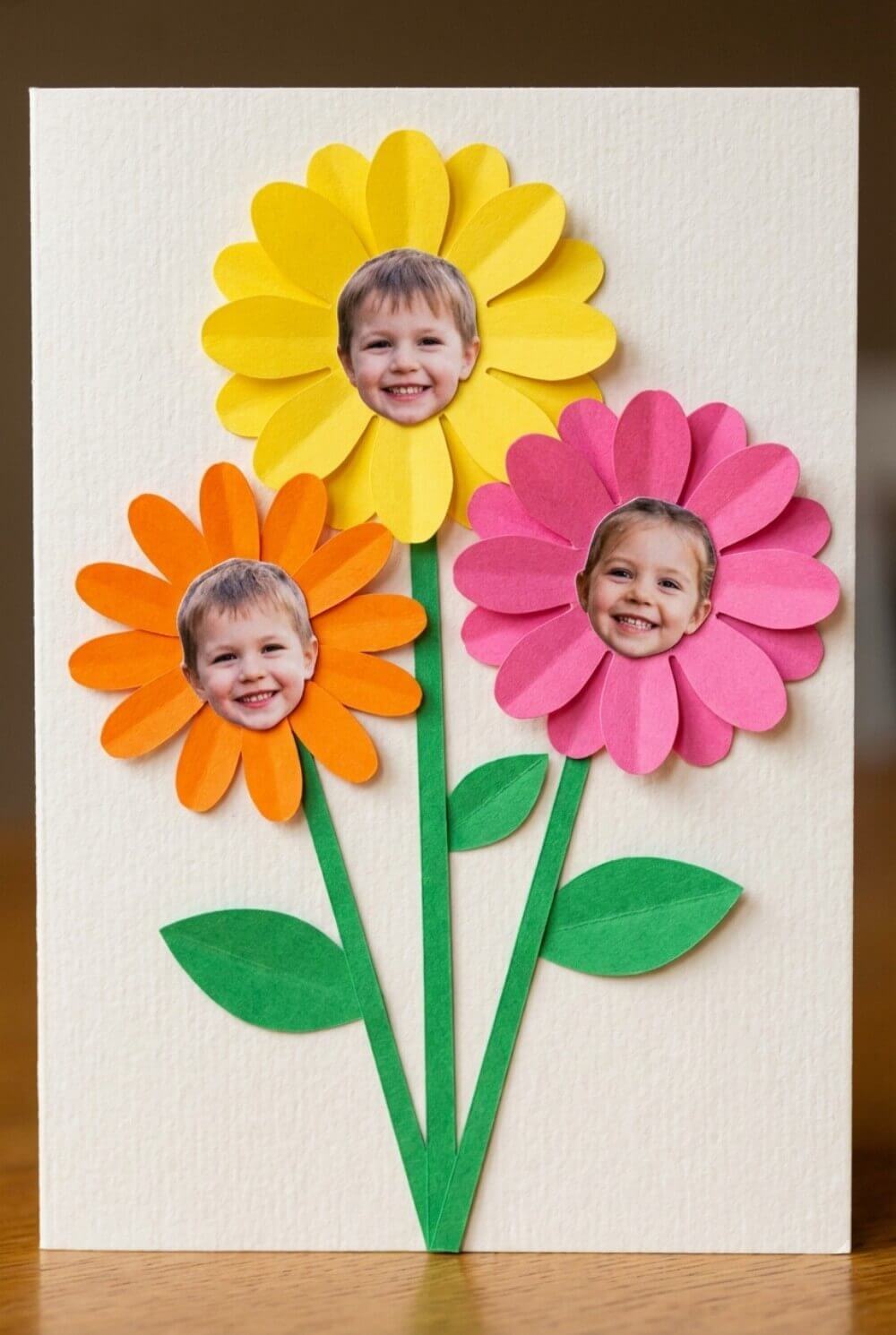 Laurka z bukietem kwiatów, gdzie główki to zdjęcia twarzy wnuków