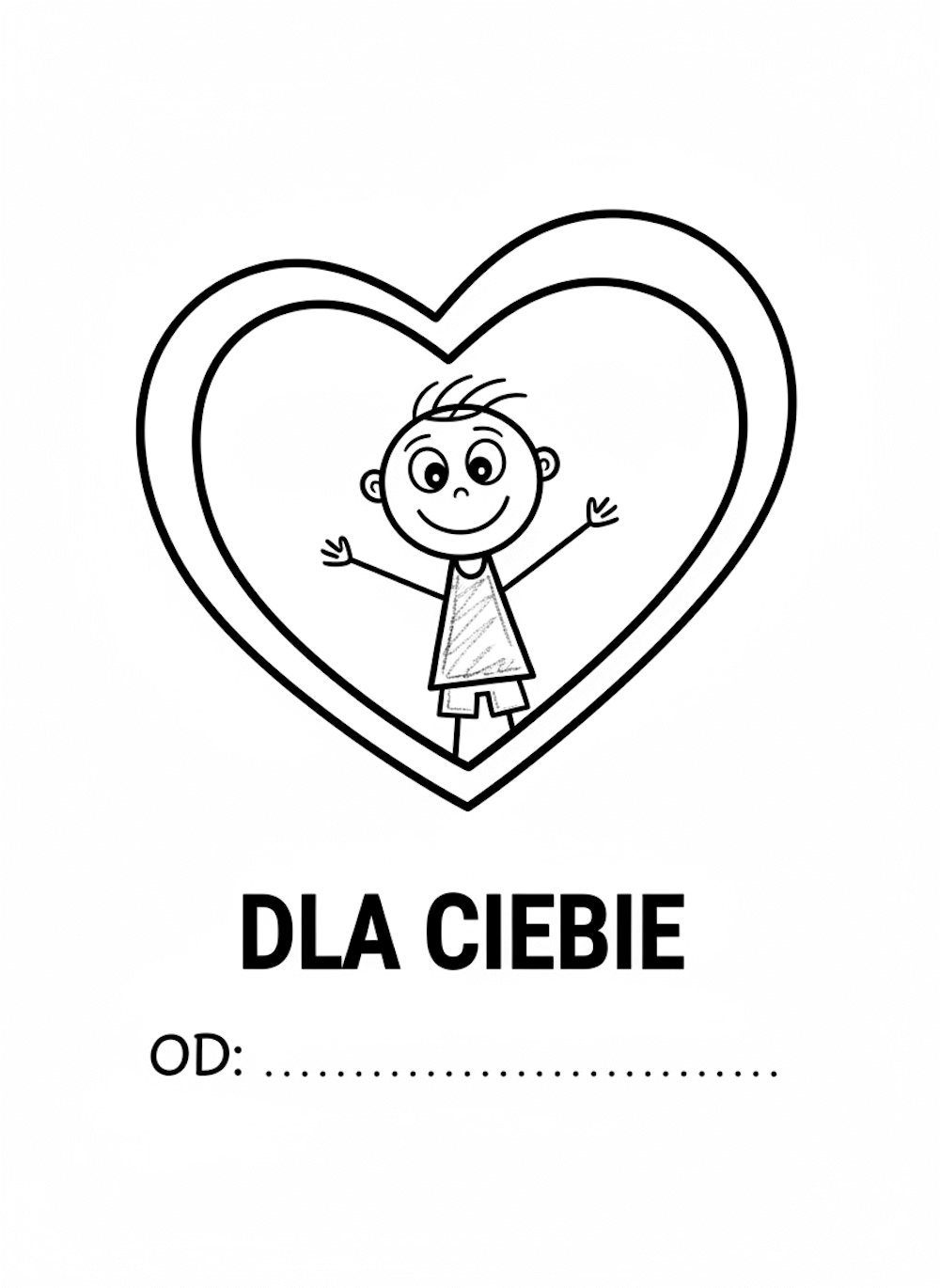 Gotowy szablon laurki do pobrania i pokolorowania, mały chłopiec w środku serca i pusta rubryka do wypełnienia