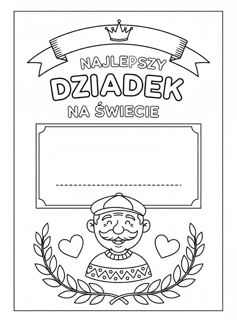 Gotowy szablon laurki do pobrania i pokolorowania, "Najlepszy Dziadek na świecie", pusta rubryka do wypełnienia i wizerunek uśmiechniętego starca