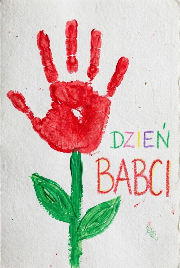 Ręcznie robiona kartka z kwiatkiem namalowanym z odcisku rączki