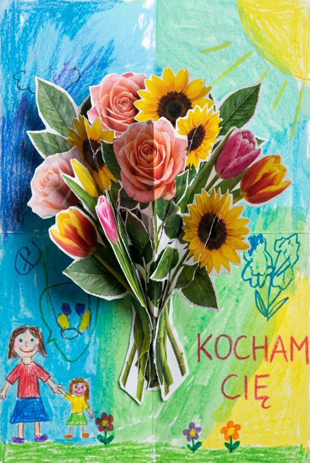 Trójwymiarowa laurka z bukietem kwiatów wyskakującym po otwarciu