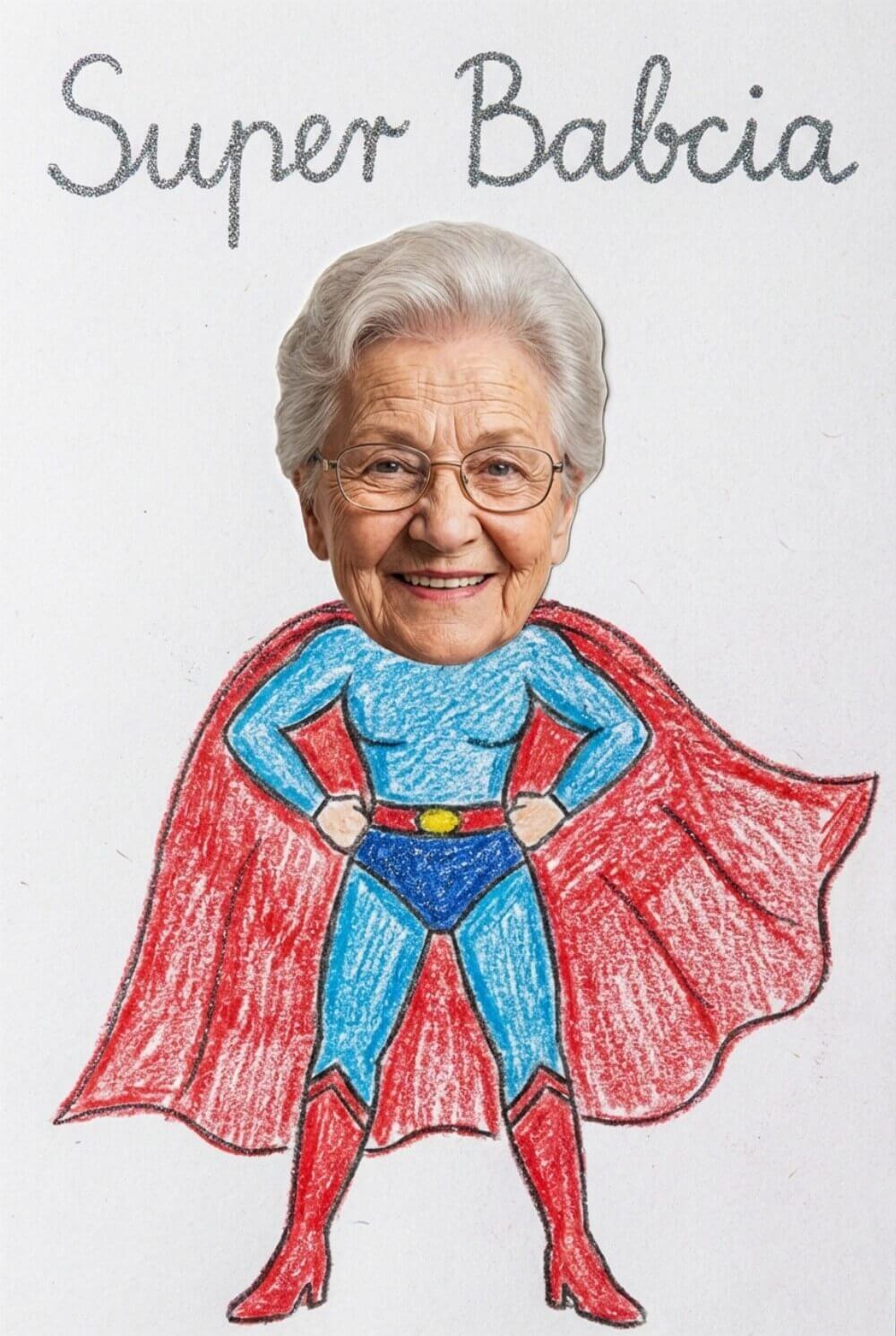 Laurka przedstawiająca babcię jako superbohaterkę z doklejonym zdjęciem