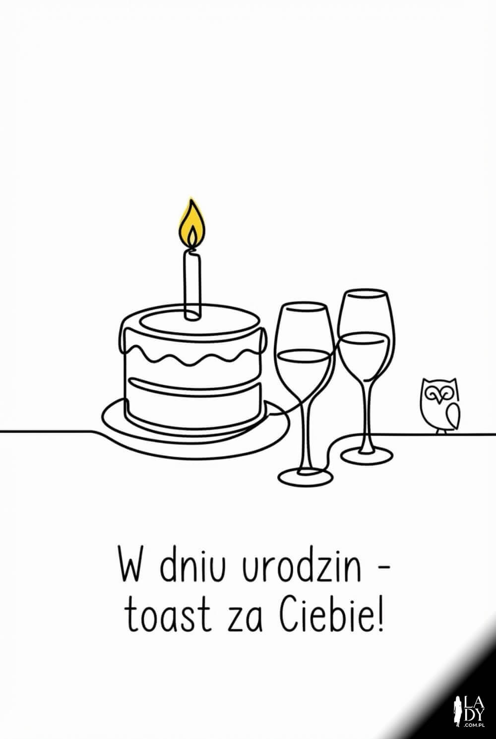 Minimalistyczna grafika line art: tort i kieliszki jedną linią, mała sówka; napis „Sto lat! Toast za Ciebie.”