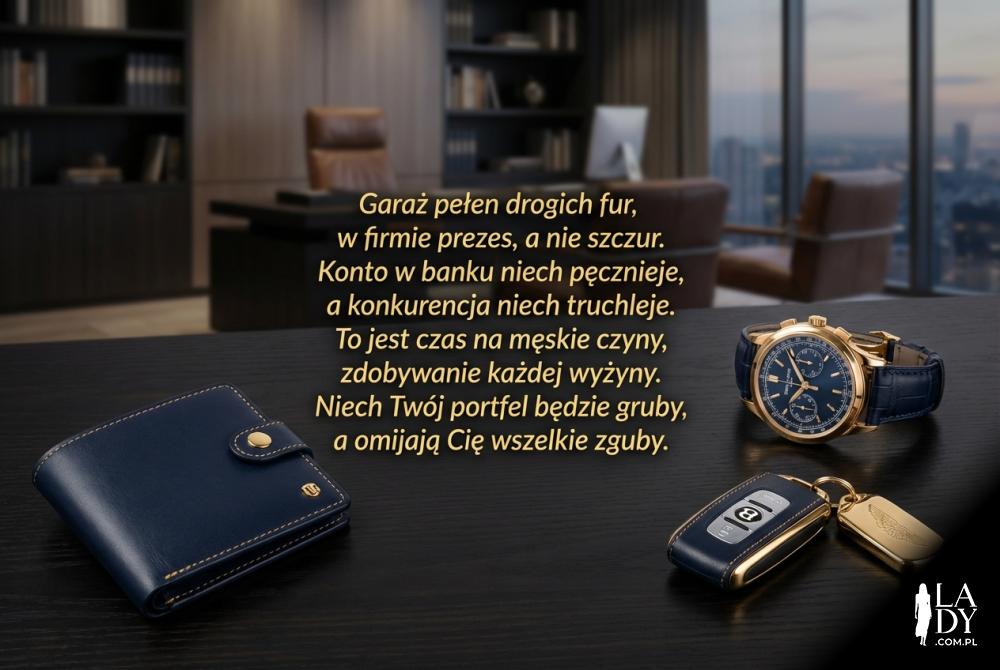 Elegancka kompozycja biurowa z życzeniami sukcesu dla mężczyzny Elegancka kompozycja biurowa z życzeniami sukcesu dla mężczyzny