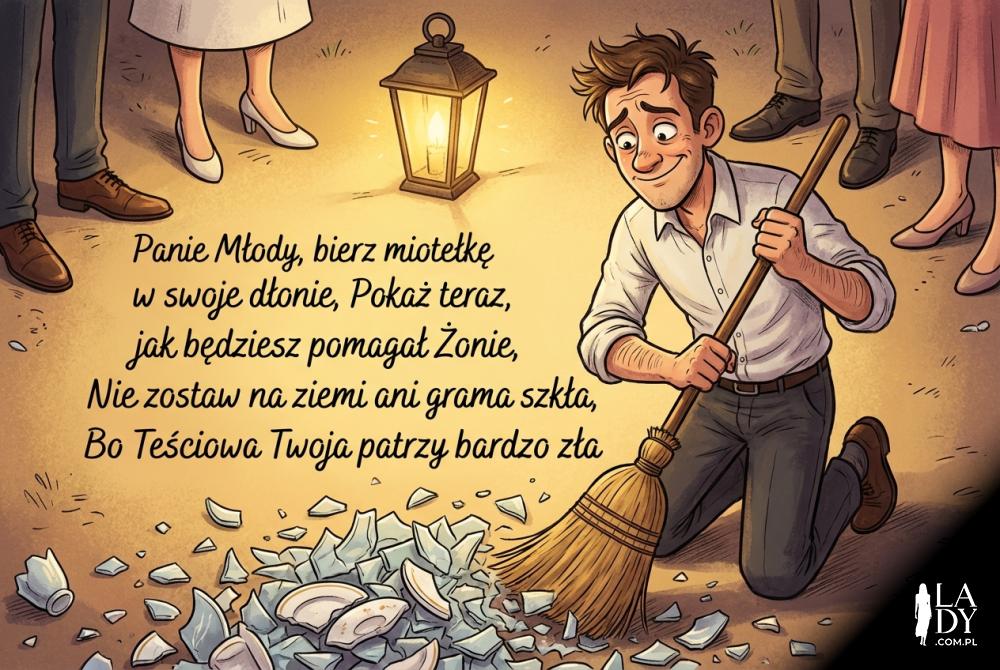 Pan Młody zamiatający szkło i wierszyk o sprzątaniu