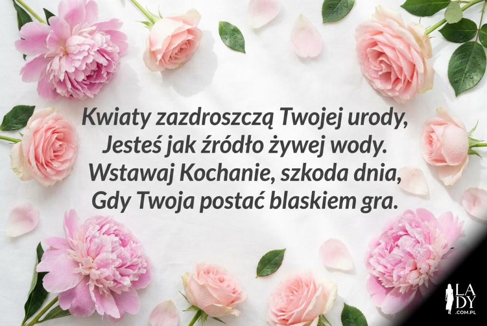 bukiet kwiatów z romantycznym wierszykiem