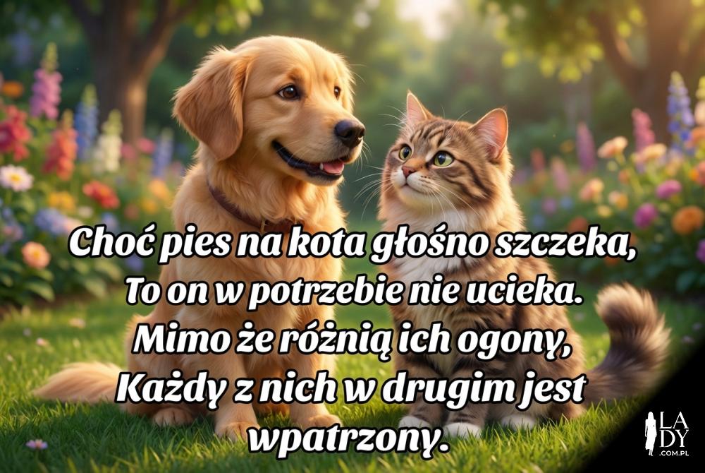 Pies i kot siedzący razem z rymowanką o przyjaźni