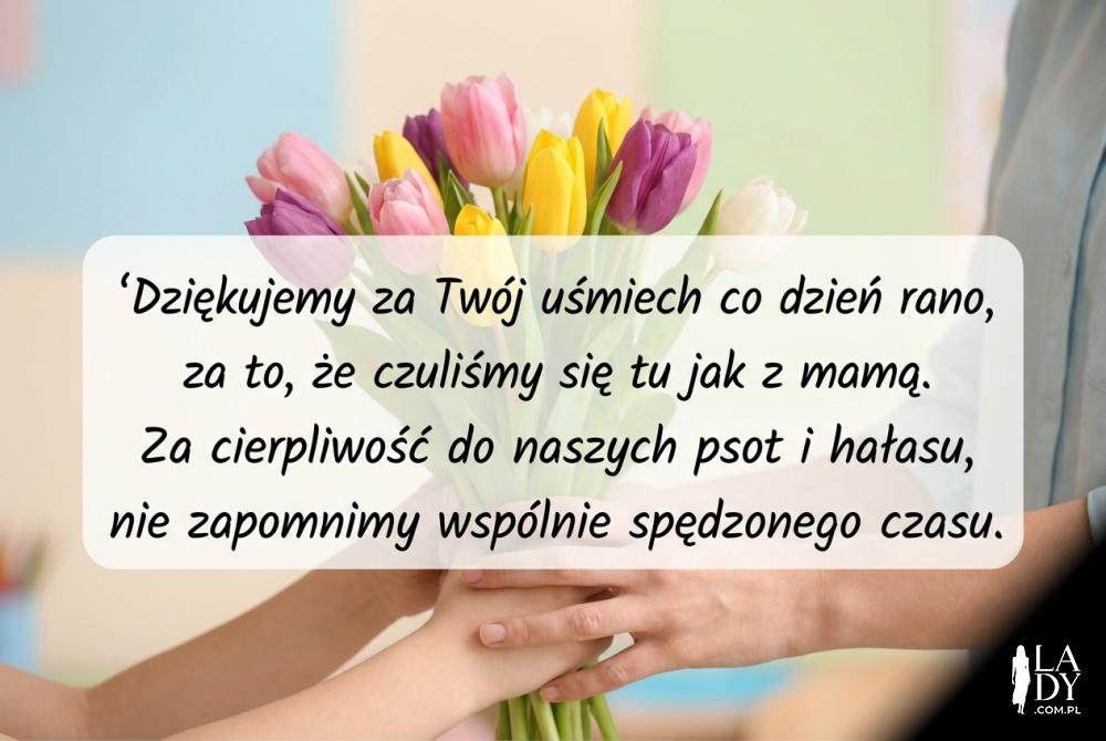 Bukiet kwiatów i wierszyk dla pani z przedszkola