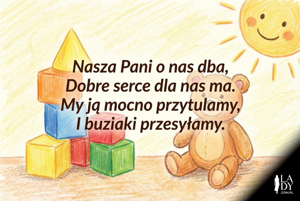 Rysunek dziecka z misiem i życzeniami dla pani