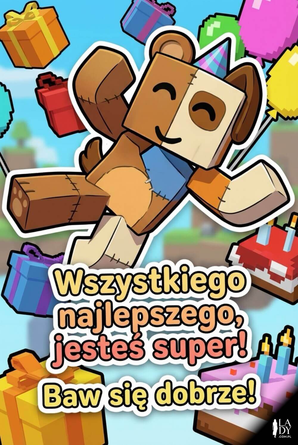 Kanciasta, humorystyczna kartka inspirowana Roblox z napisem „Wszystkiego najlepszego, jest super!”