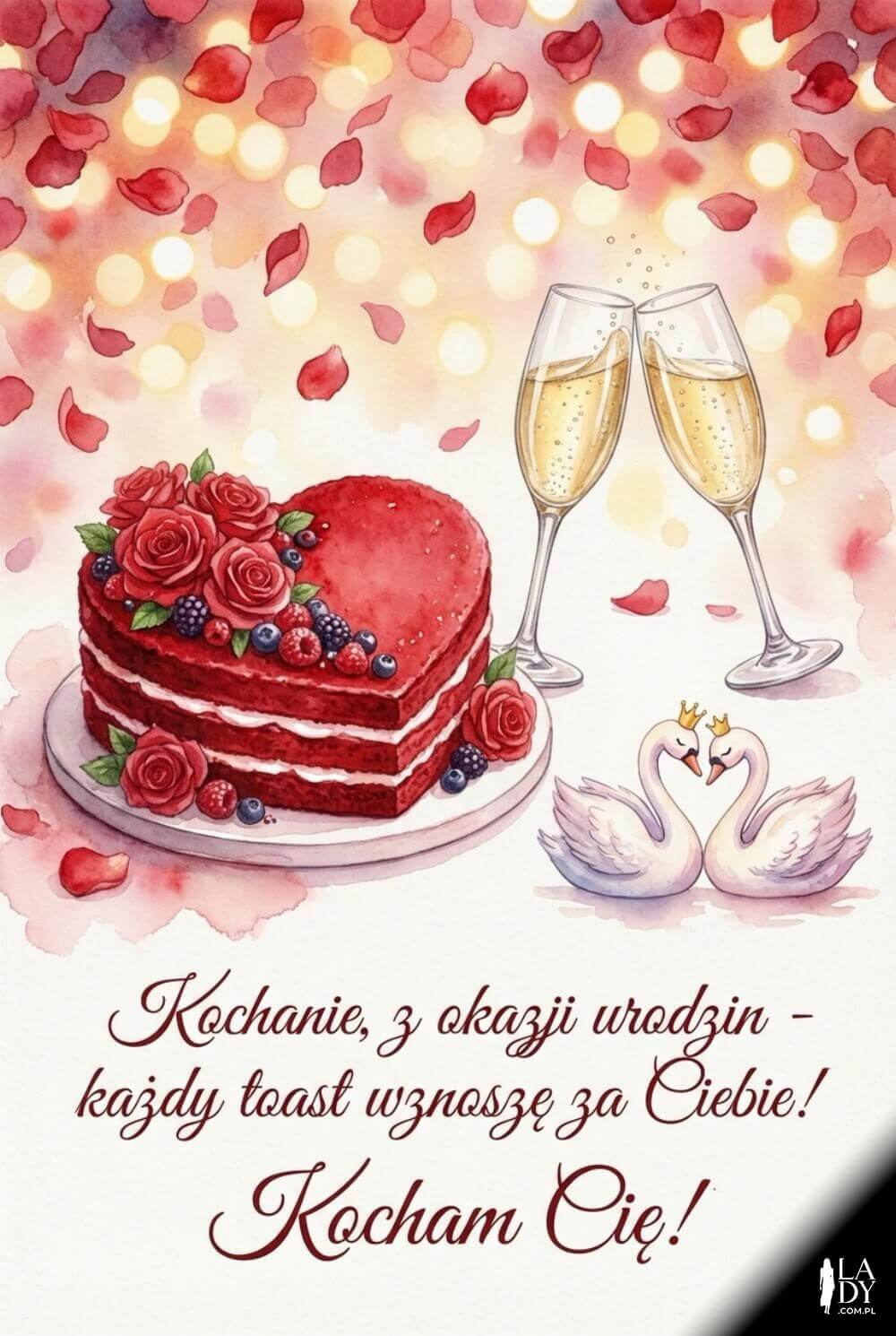 Romantyczna grafika: sercowy tort, dwa kieliszki, płatki róż i animowane łabędzie; napis „Sto lat, Kochanie! Każdy toast wznoszę za Ciebie.”