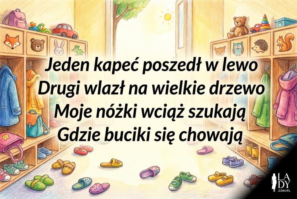 Ilustracja szatni z wierszykiem o niesfornych kapciach