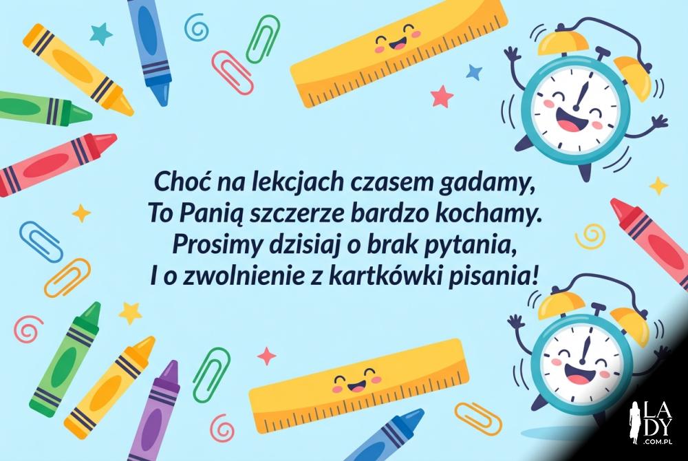 Szkolne przybory i zabawny wierszyk dla nauczycielki