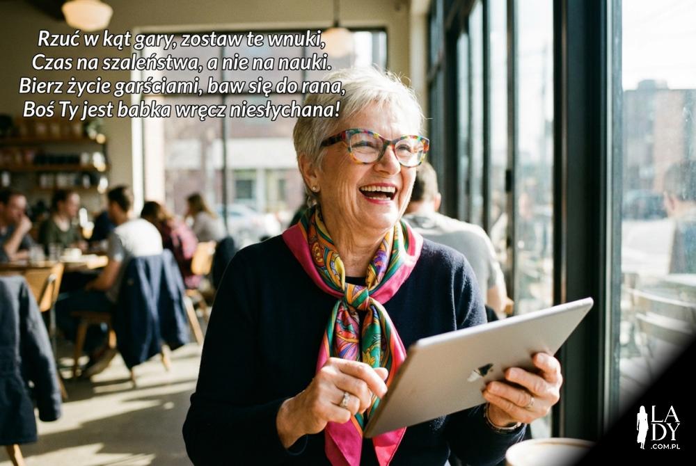 nowoczesna babcia z tabletem i zabawny wierszyk