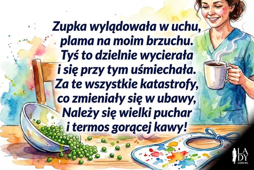 zabawna ilustracja bałaganu przy jedzeniu z wierszykiem dla opiekunki