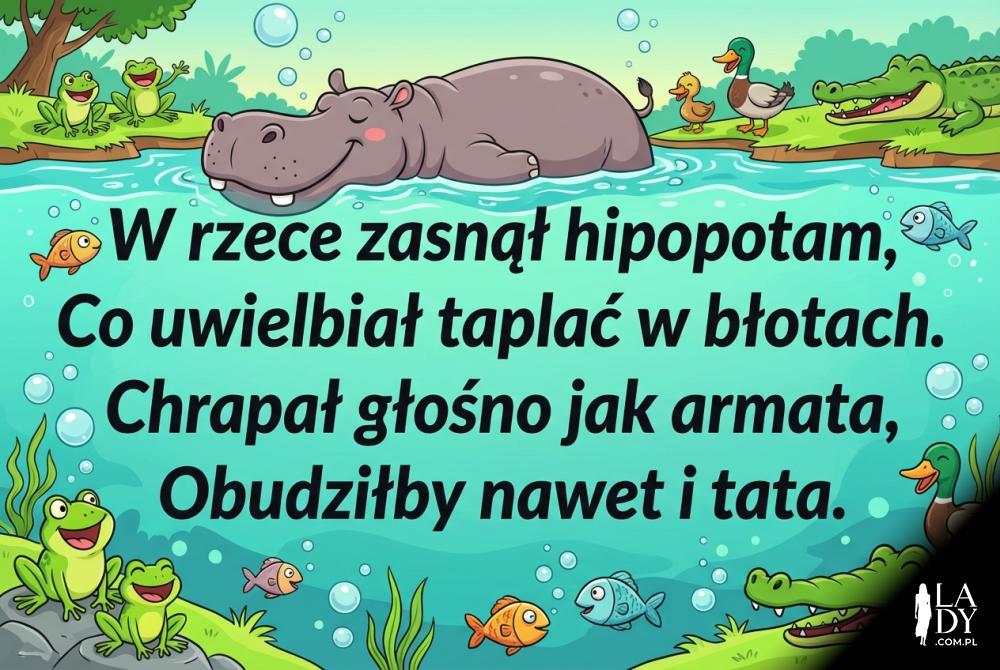 Ilustracja hipopotama z zabawnym wierszykiem na dobranoc