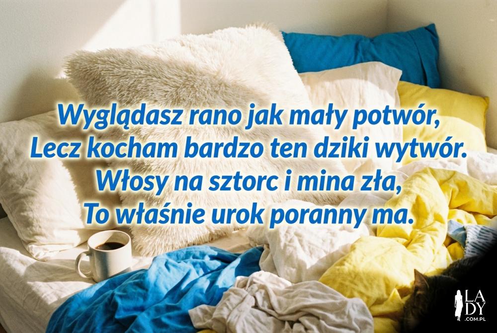 zabawna rymowanka na dzień dobry na tle pościeli