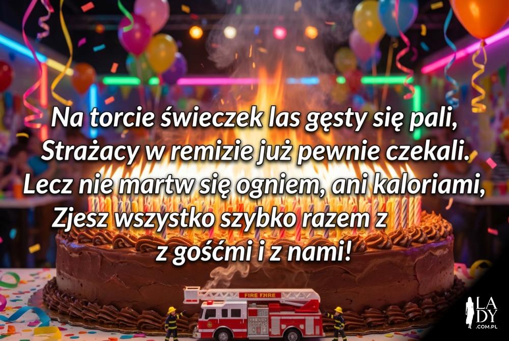 Tort z wieloma świeczkami i zabawnym wierszykiem