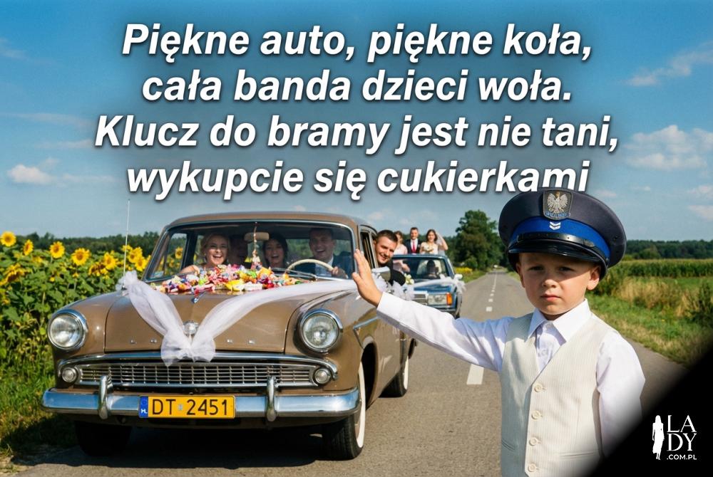 Chłopiec zatrzymuje auto pary młodej wierszykiem Chłopiec zatrzymuje auto pary młodej wierszykiem