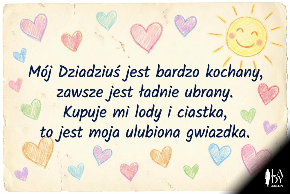 Dziecięca laurka z serduszkami i życzeniami dla dziadka