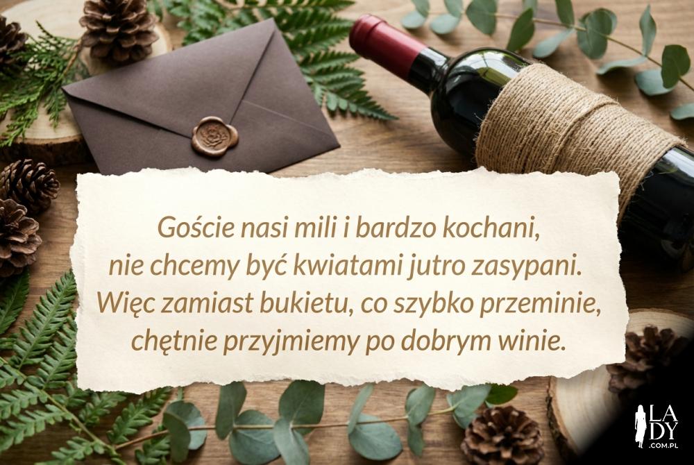 Butelka wina i wierszyk o prezencie zamiast kwiatów