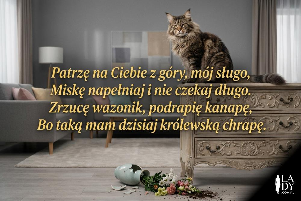 Kot patrzący z góry i rymowanka o zwierzętach