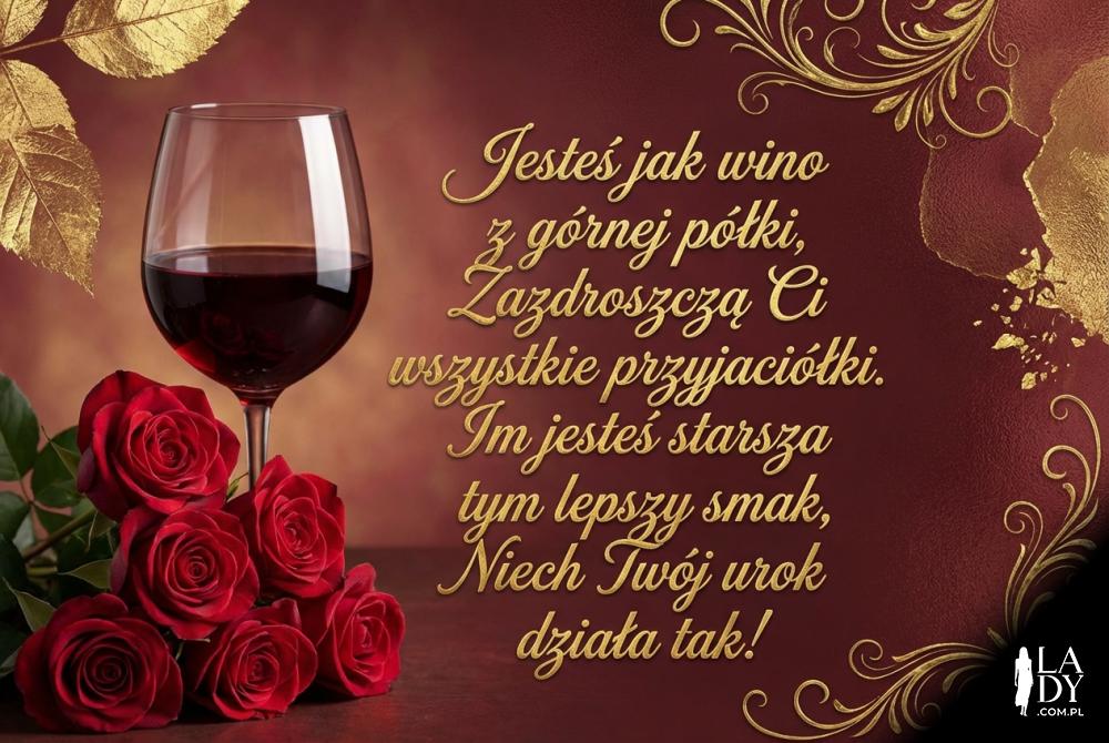 Życzenia dla kobiety z winem i kwiatami