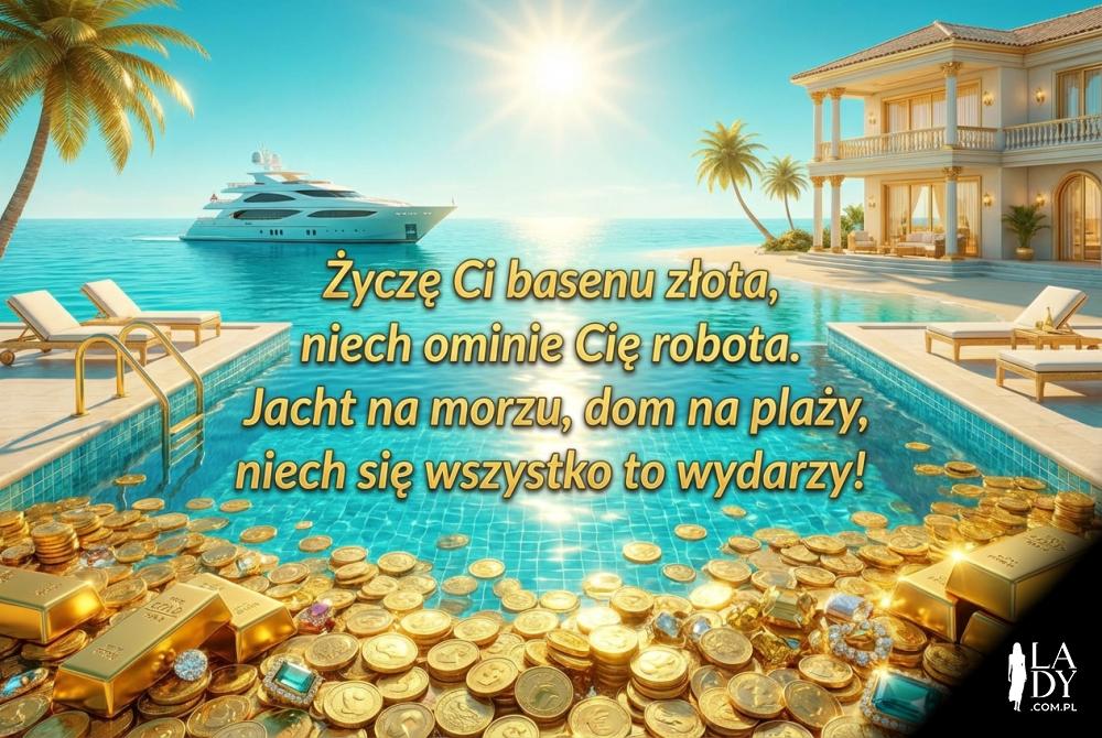 Życzenia bogactwa na tle złota i jachtu