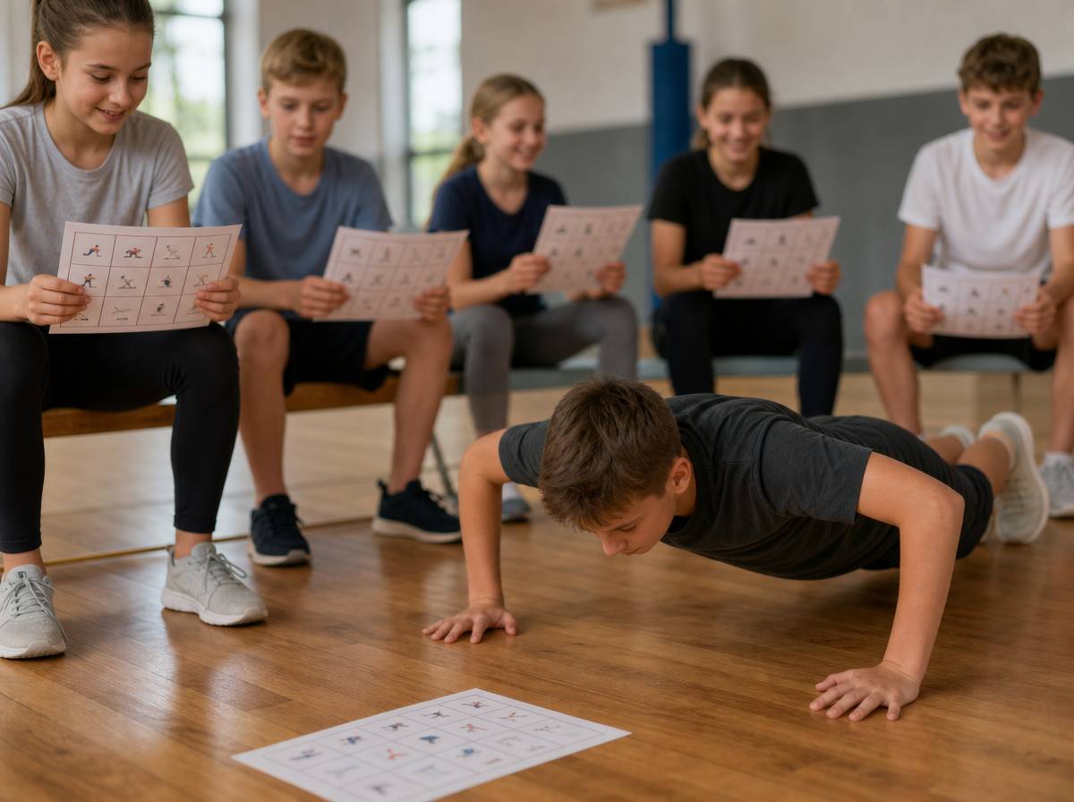Dziecko robi pompki, wykonując zadanie z pola karty bingo z wyzwaniami.