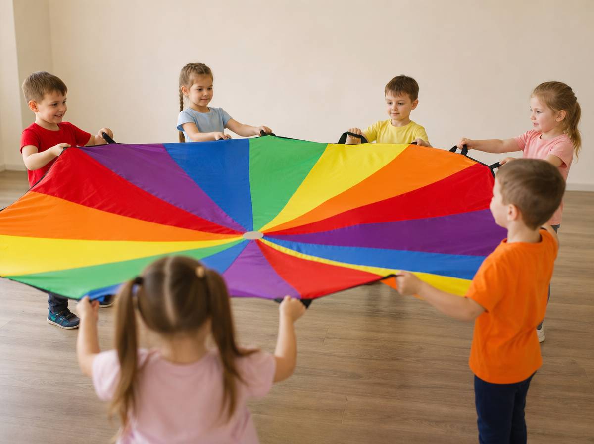 Dzieci delikatnie unoszą chustę animacyjną na wysokość ramion podczas spokojnej rozgrzewki