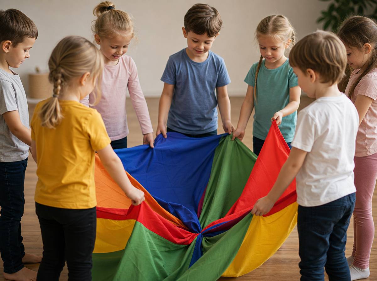 Dzieci powoli opuszczają i składają chustę animacyjną na zakończenie zabawy