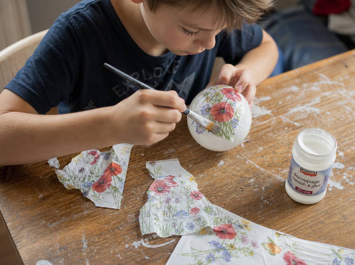 Dziecko przykleja serwetkę techniką decoupage na plastikową bombkę