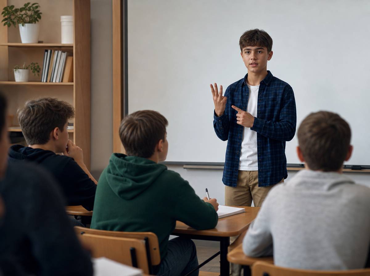 Uczeń podaje trzy stwierdzenia o sobie przed klasą w zabawie dwie prawdy jeden fałsz