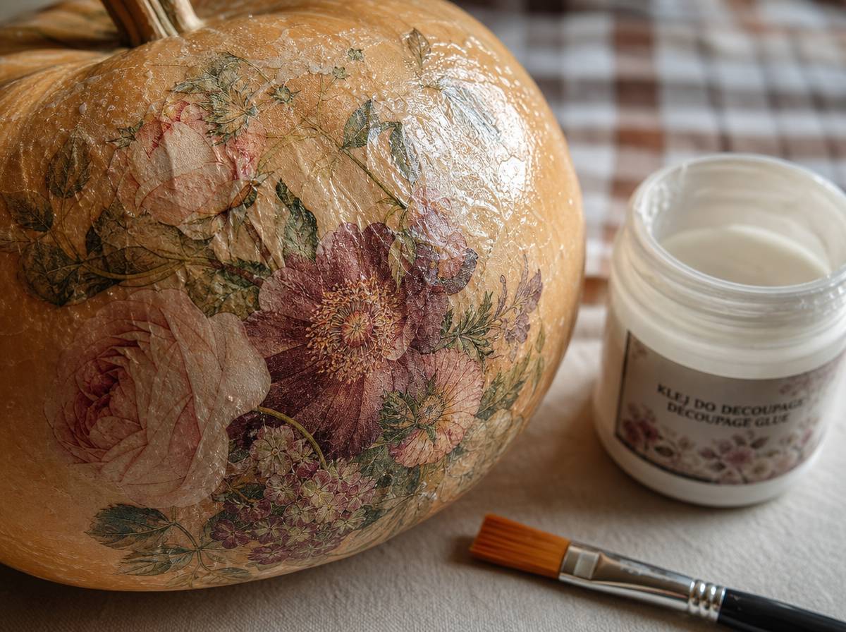 Dynia zdobiona techniką decoupage z motywem z serwetki