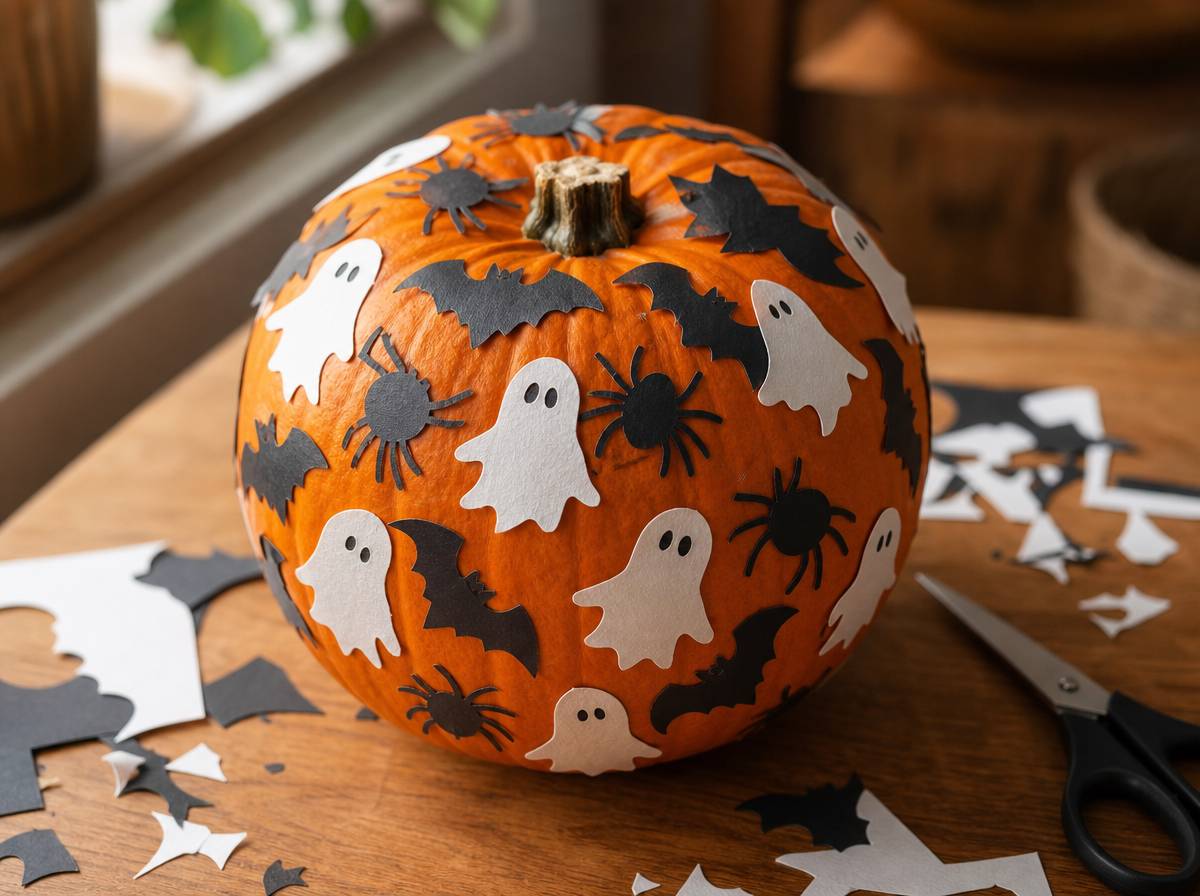 Dynia ozdobiona papierowymi naklejkami duchów i nietoperzy na Halloween