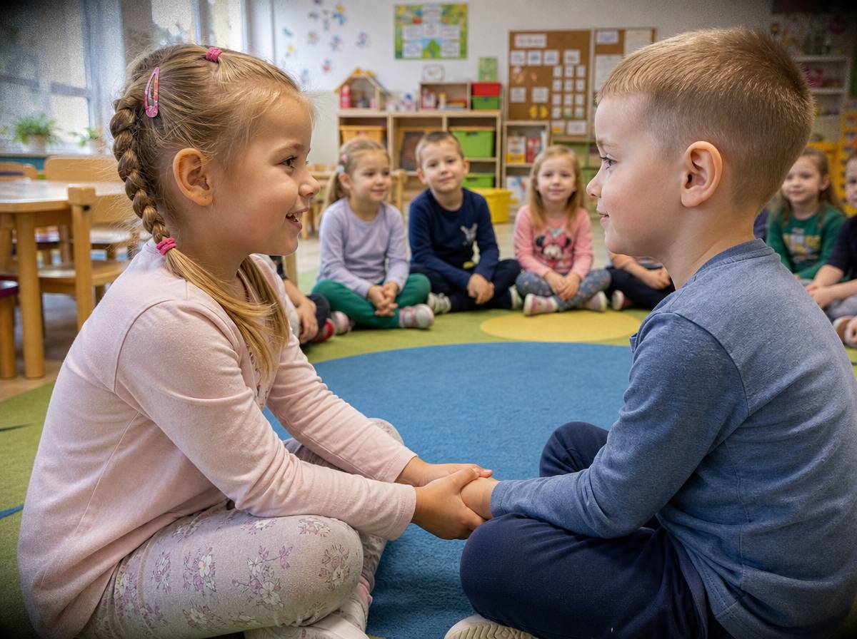 Dzieci w kręgu podczas zabawy Dziękuję-Przepraszam, rozmowa twarzą w twarz