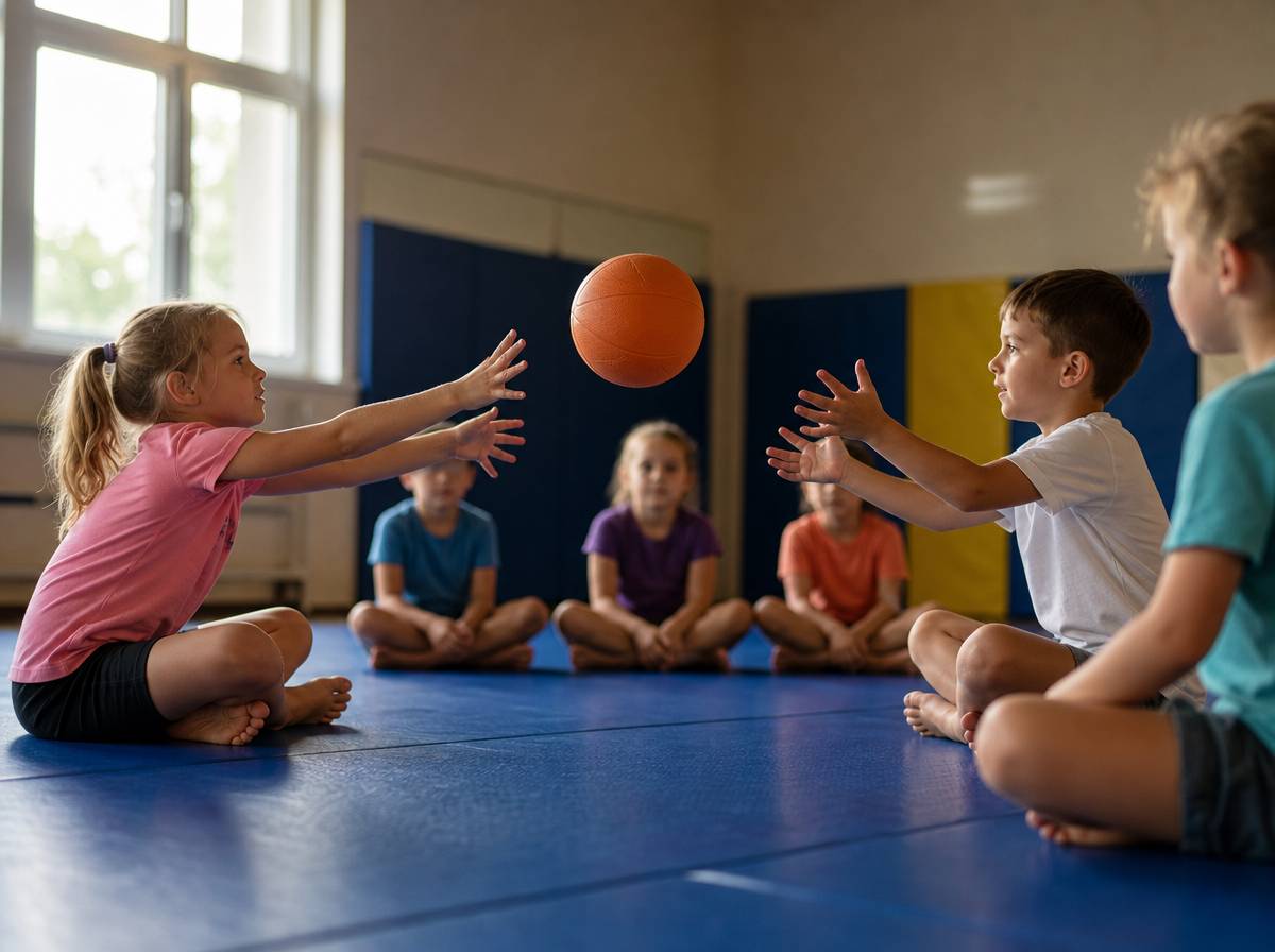 Dzieci siedzące w kręgu podające sobie piłkę w zabawie Ludwiczku, co niesiesz w koszyczku