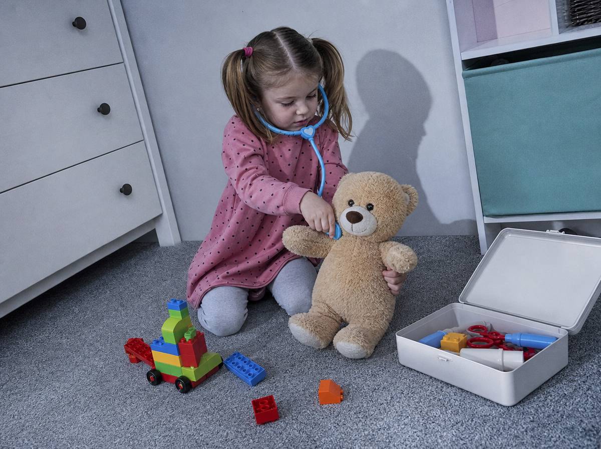 Dziecko bawi się w lekarza, badając pluszaka opaską jako stetoskopem