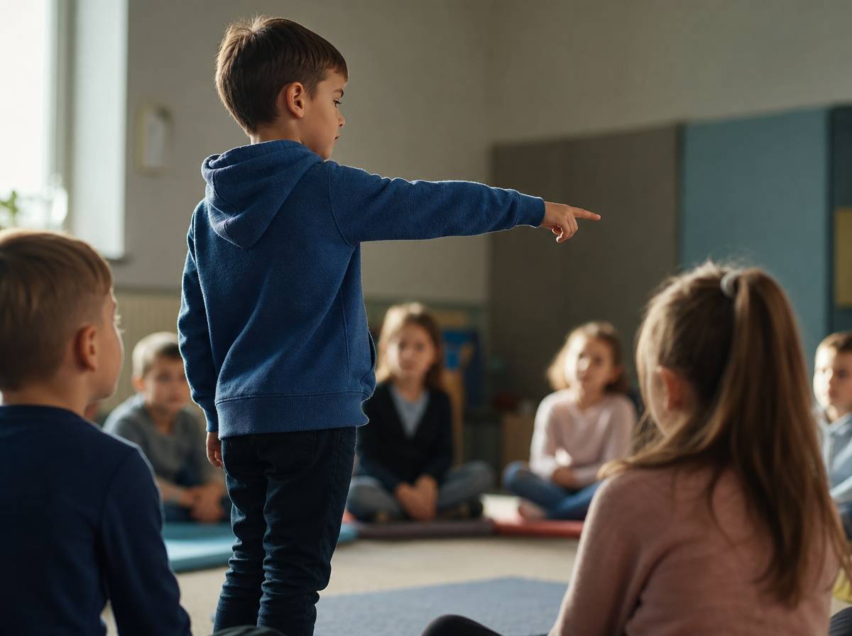 Chłopiec na środku koła wskazuje uczestnika podczas zabawy Detektyw