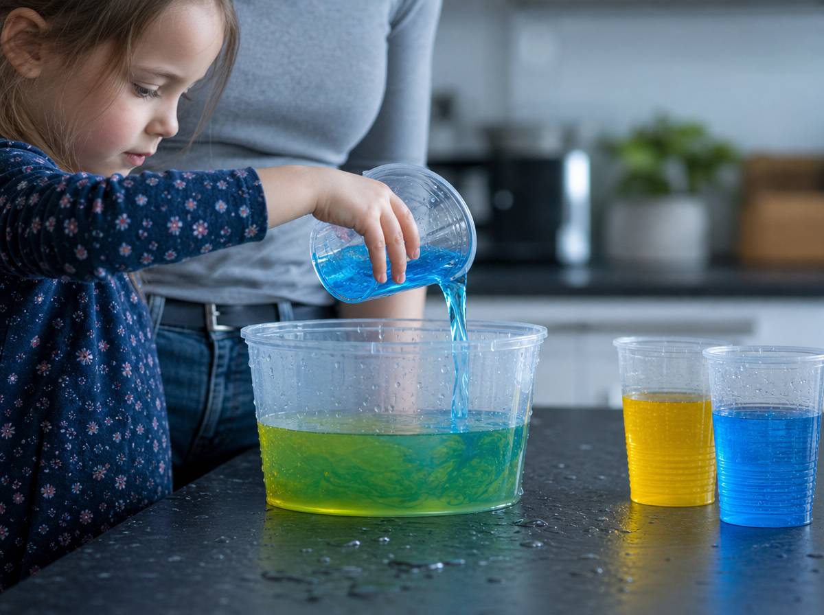 Dziecko miesza kolorową wodę podczas prostego domowego eksperymentu