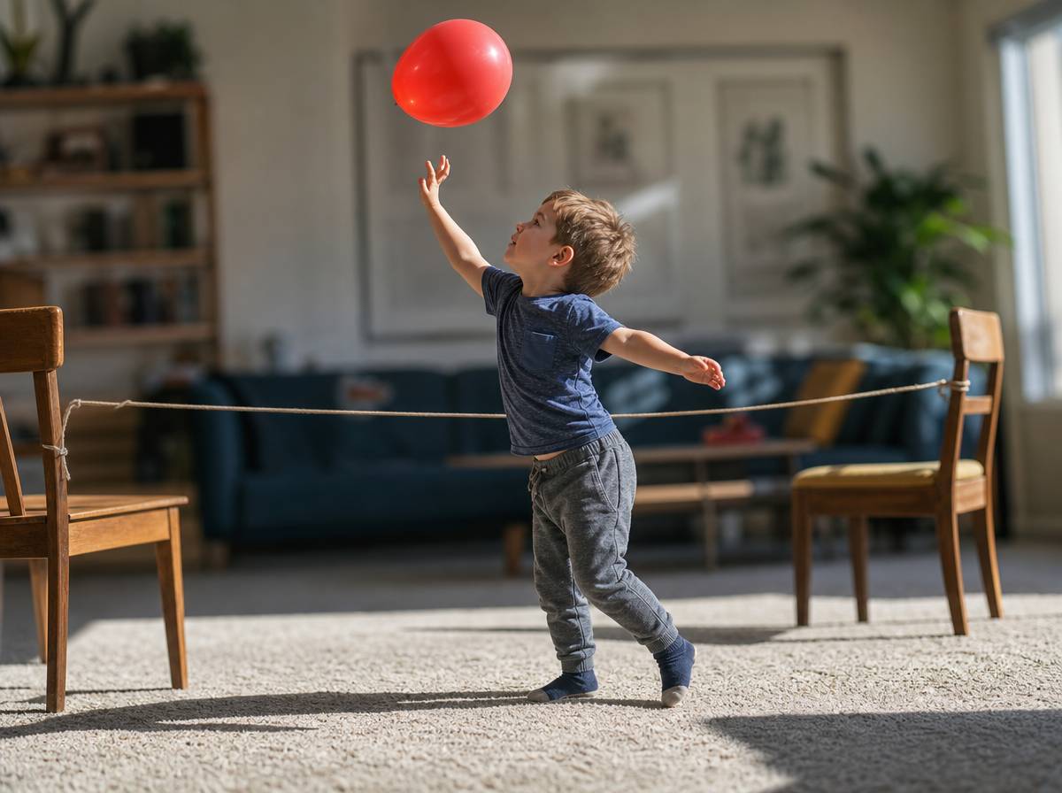 Czterolatek odbija balon podczas ruchowej zabawy w salonie