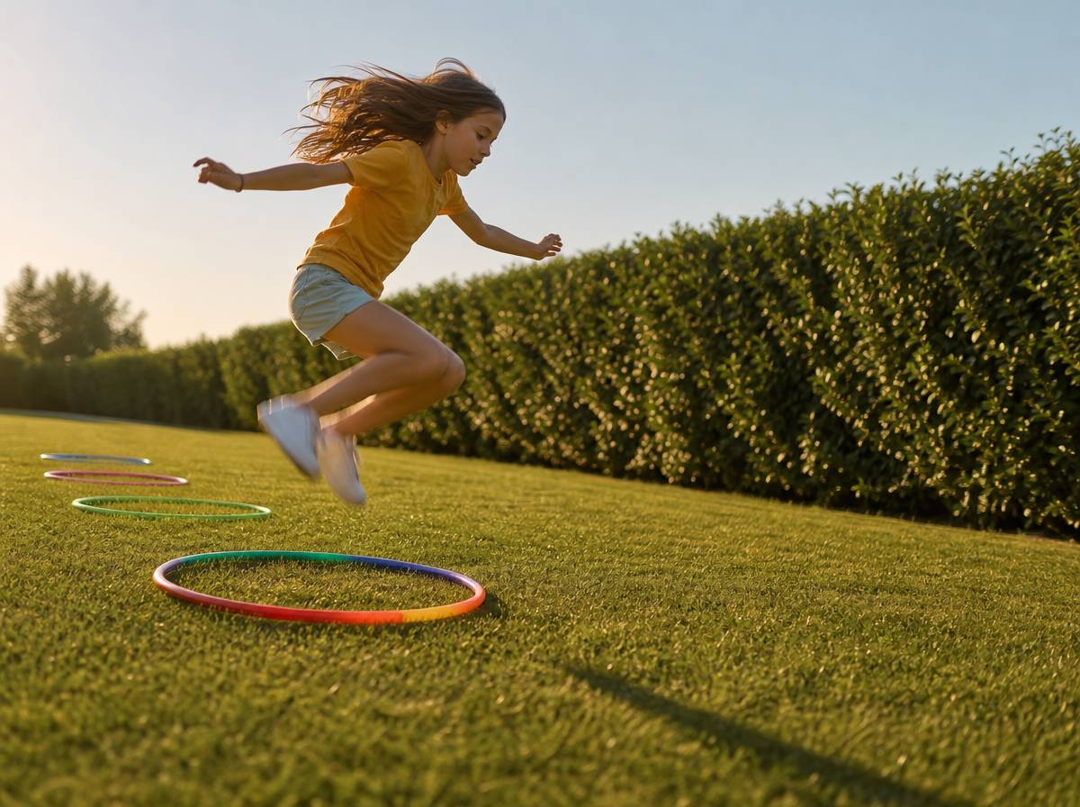 Dziecko przeskakuje przez obręcz hula-hoop leżącą na trawie podczas zawodów