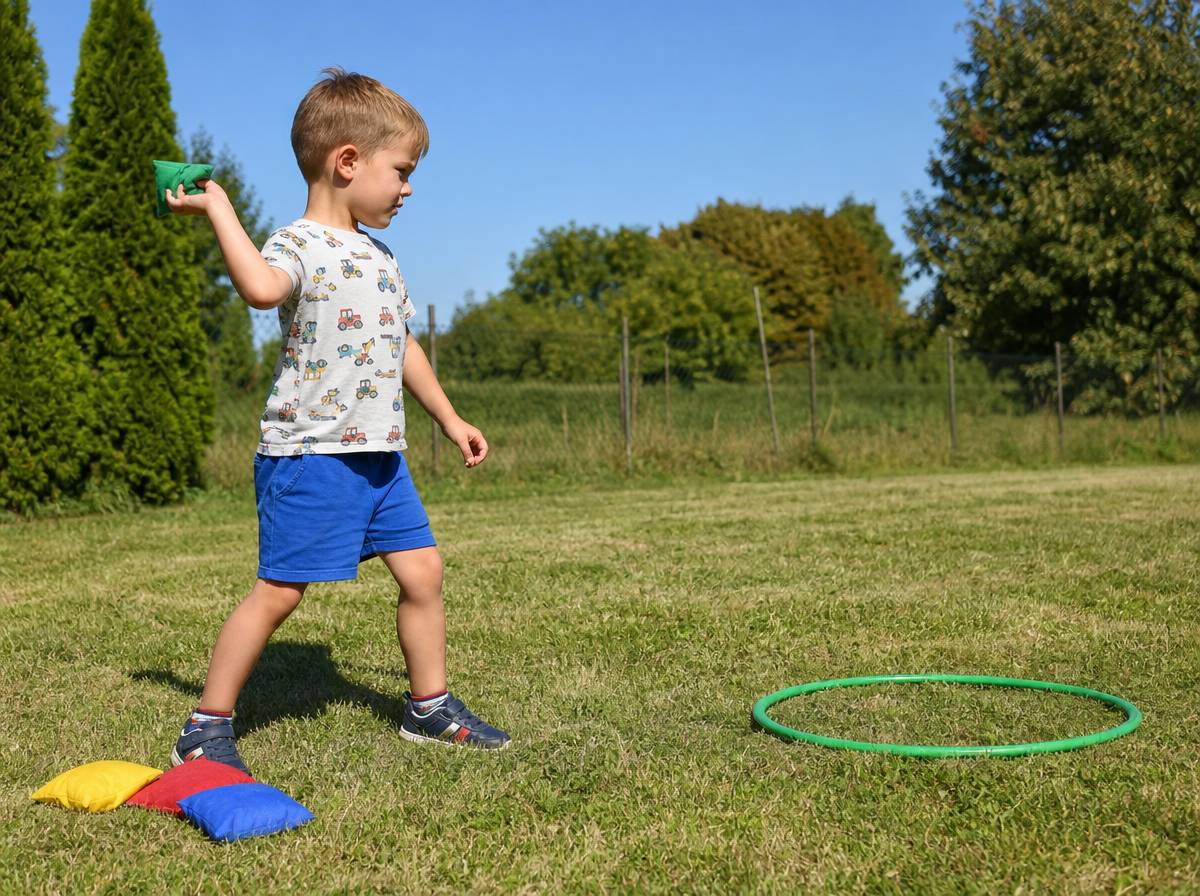 Dziecko rzuca woreczkiem z grochem w obręcz hula-hoop leżącą na trawie