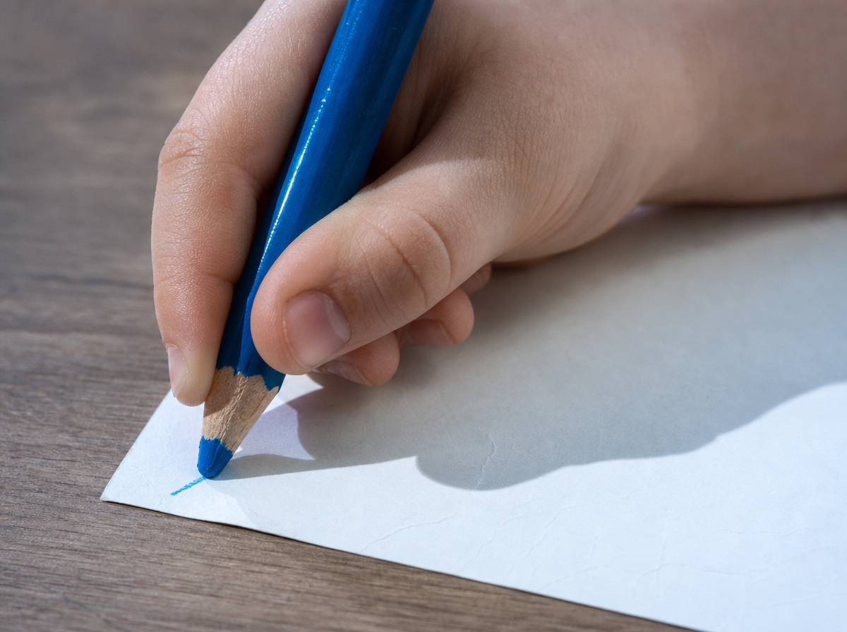 Dziecko trzyma kredkę w chwycie szczypcowym podczas pracy plastycznej