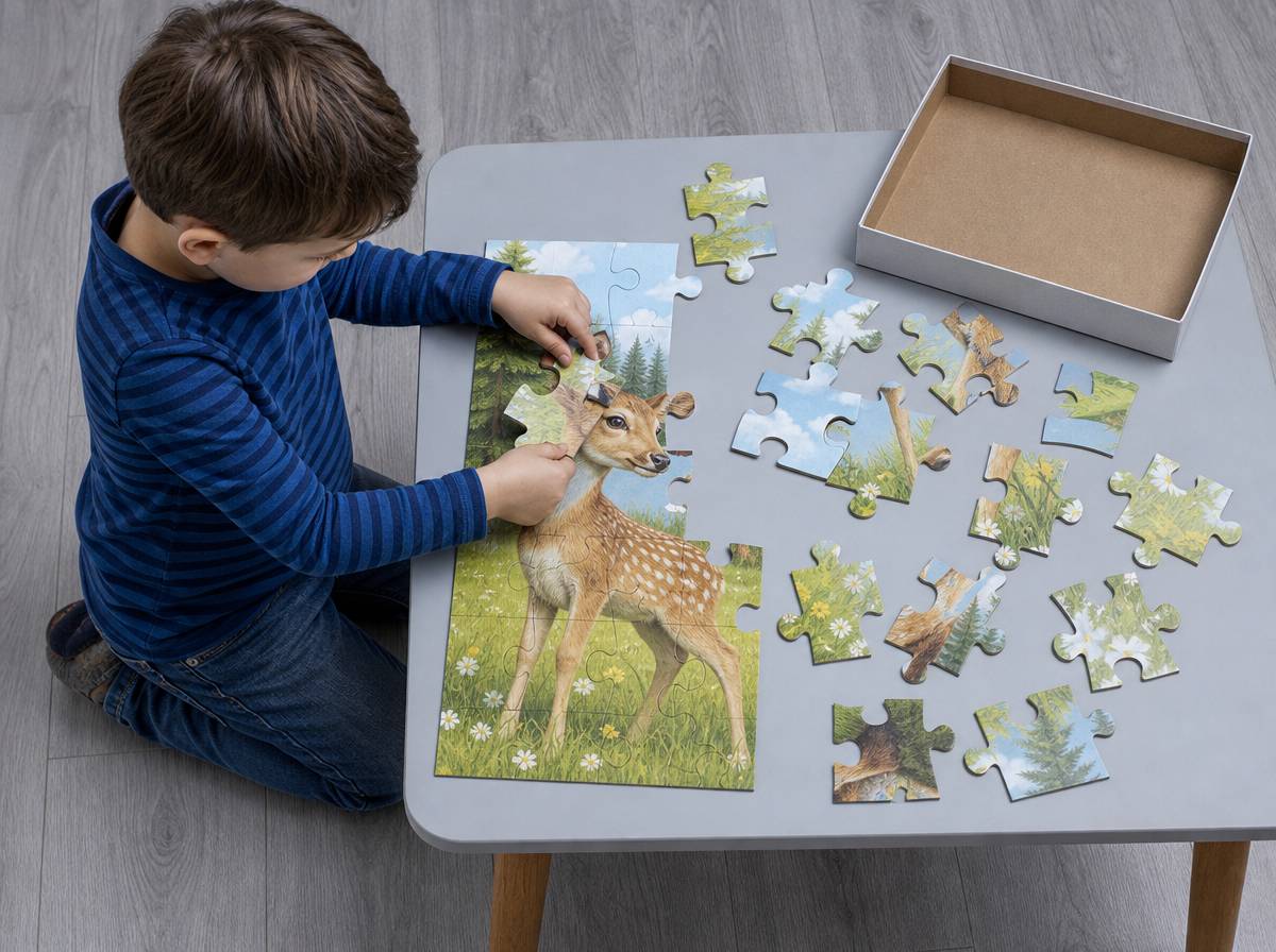 Czterolatek układa duże puzzle podczas zabawy edukacyjnej w domu