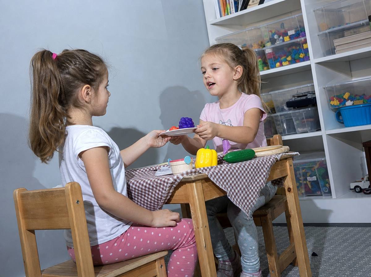 Dwie dziewczynki bawią się w dom, podając sobie zabawkowe jedzenie przy stoliku