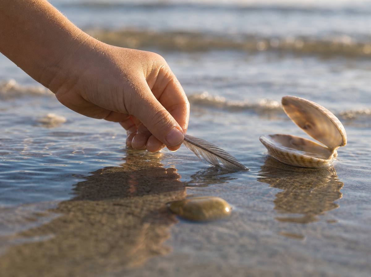 Dziecko sprawdza wyporność piórka i kamyka w wodzie na plaży