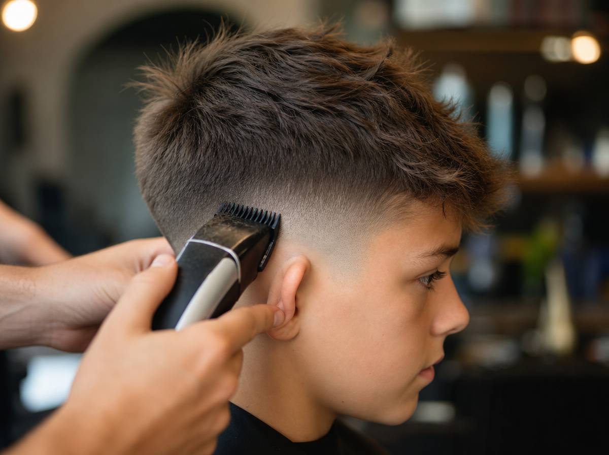 Barber wykonujący przejście fade na boku głowy chłopca za pomocą maszynki z nasadką