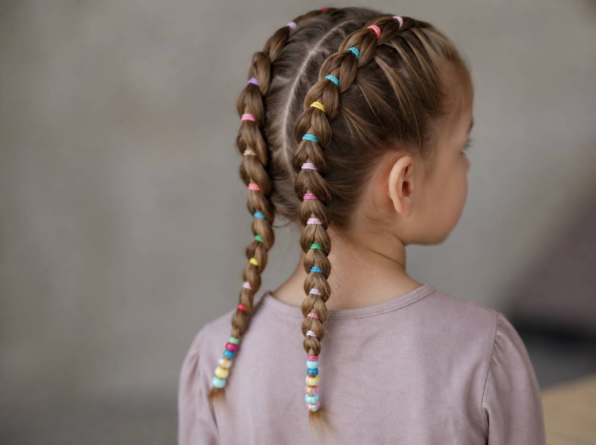 Dwa warkocze typu boxer braids z kolorowymi gumkami wplecionymi w pasma i koralikami na końcach