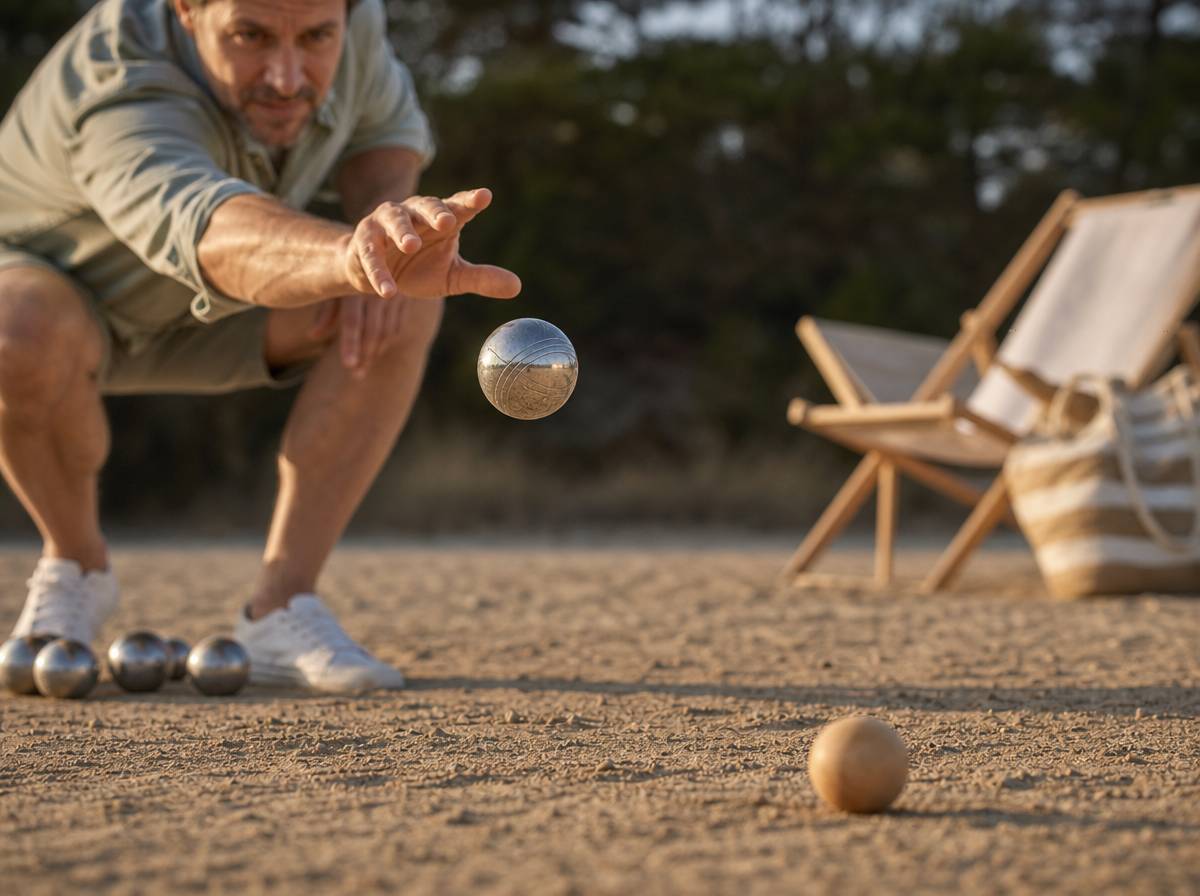 Rzut metalową kulą podczas gry w bule na plaży
